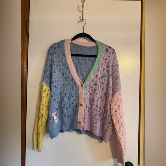 SHEIN Sweaters - 🌈🍄 SHEIN Colorblock Pointelle Cardigan w/ Mushroom Patches 🍄🌈 Size large